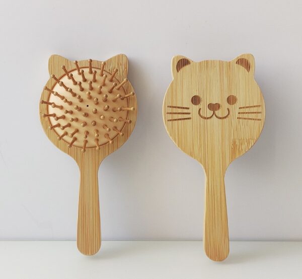 Cat Shape Natural Bamboo Wooden Hair Brush with Soft Scalp Massage Pins
